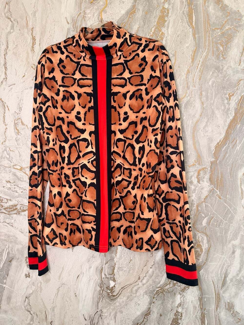 Uoozee Long Sleeves Skinny Contrast Color Leopard High Neck T-Shirt Top XL